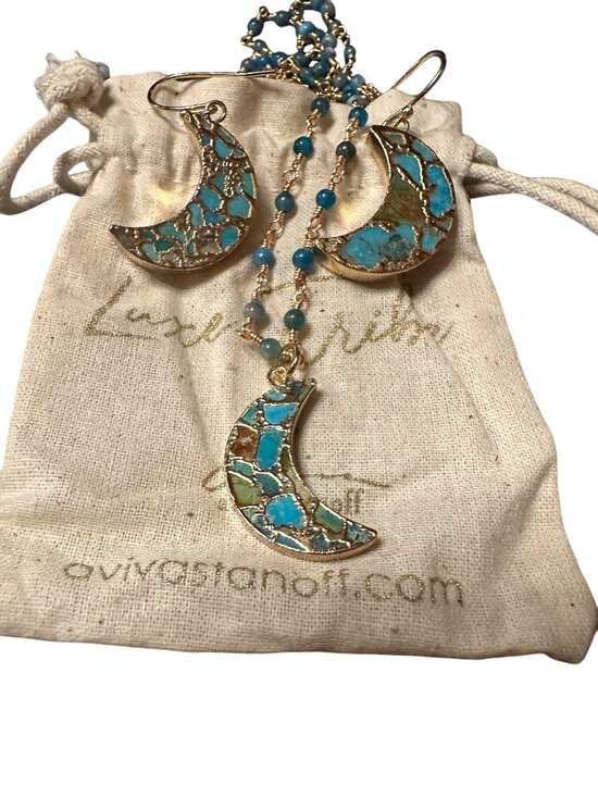 Aviva Stanoff Jewelry - Moon Crescent Necklace & Earrings Set With Turquoise & Gold Accents